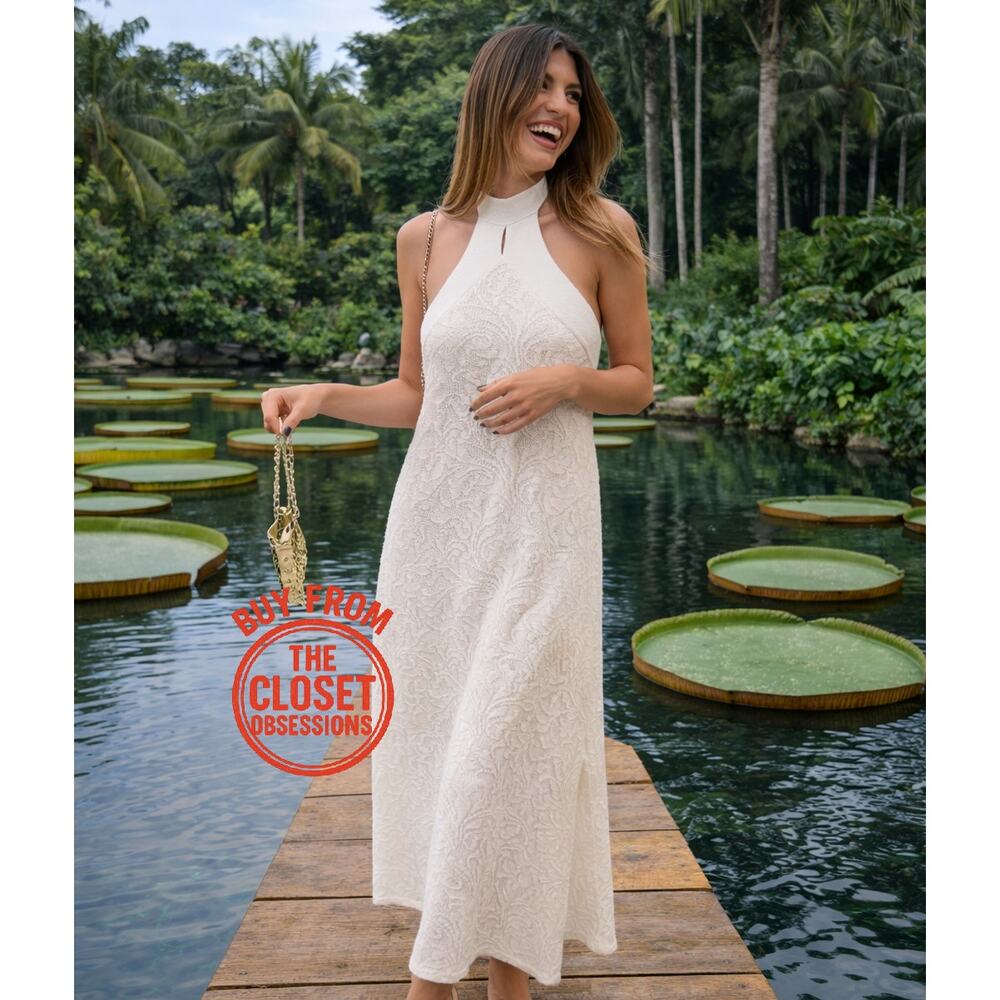 ZARA White Textured Halter Midi Dress Open Back Resort Wedding Dress